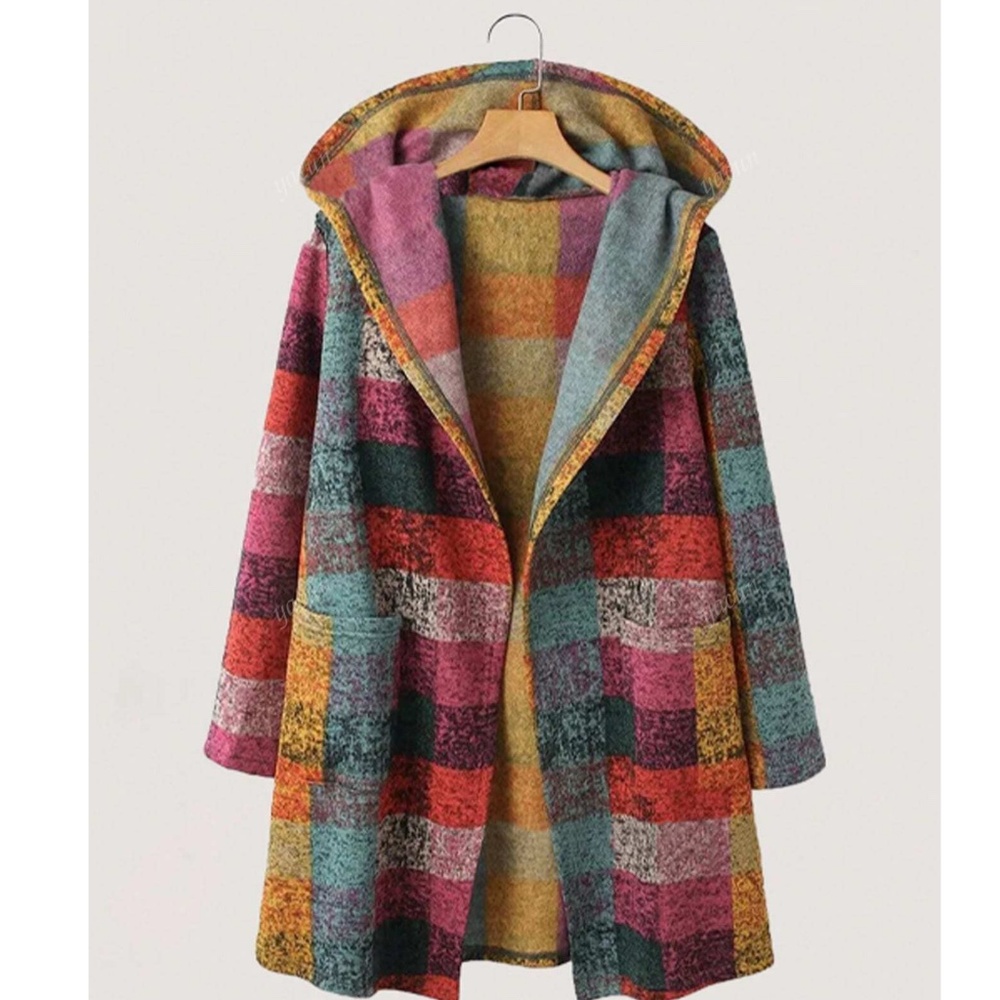 Cozy Multicolor Checkered Plaid Pockets Hoodie Jacket Shacket - Picture 2 of 5